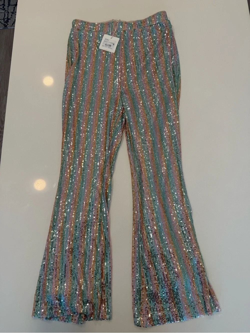 NWT Chelsea & Violet Girls Sequin Pastel Striped Crop Top & Pants Set